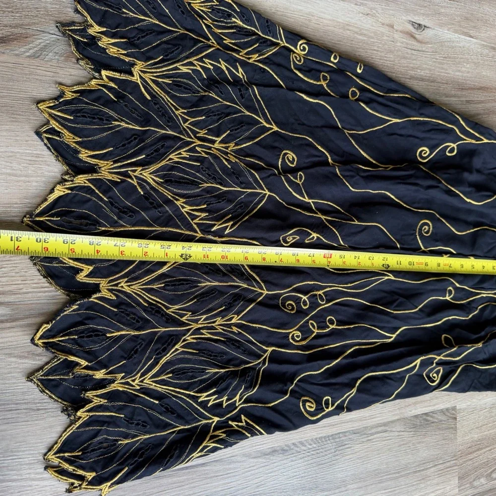 Vintage Black Gold Embroidered Rayon Midi Skirt Scalloped Hem Bohemian Size M L
